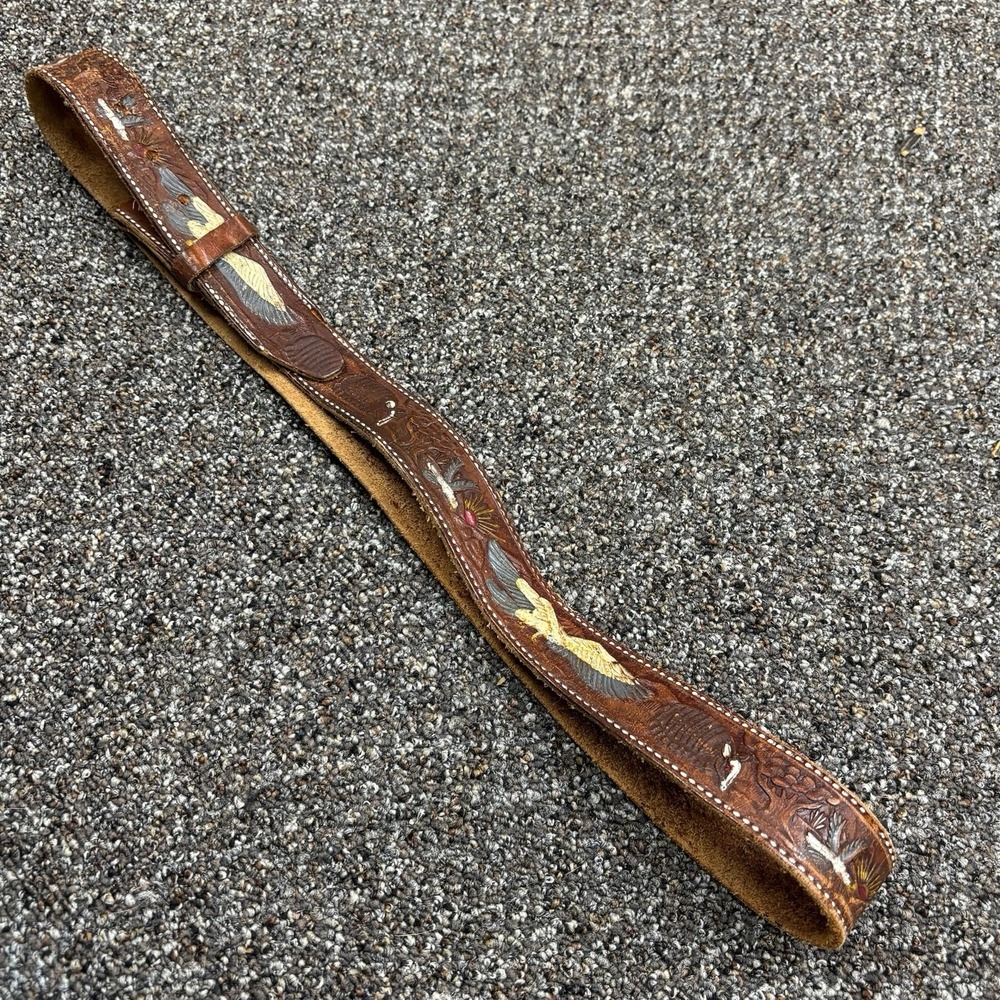 Vintage Western Belt Leather Brown Embelished Painted Bird Rare Handmade 1970s
